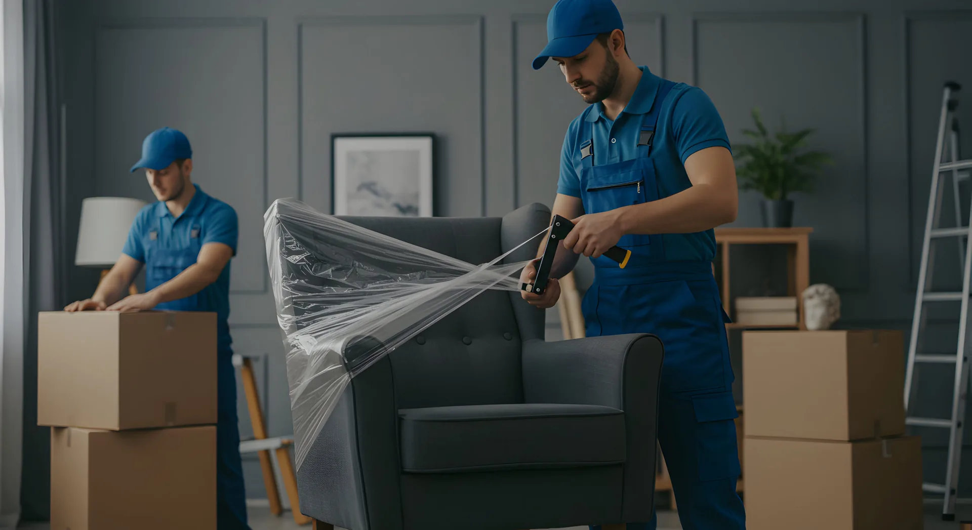 Umzugsteam schützt ein Sofa für den Transport